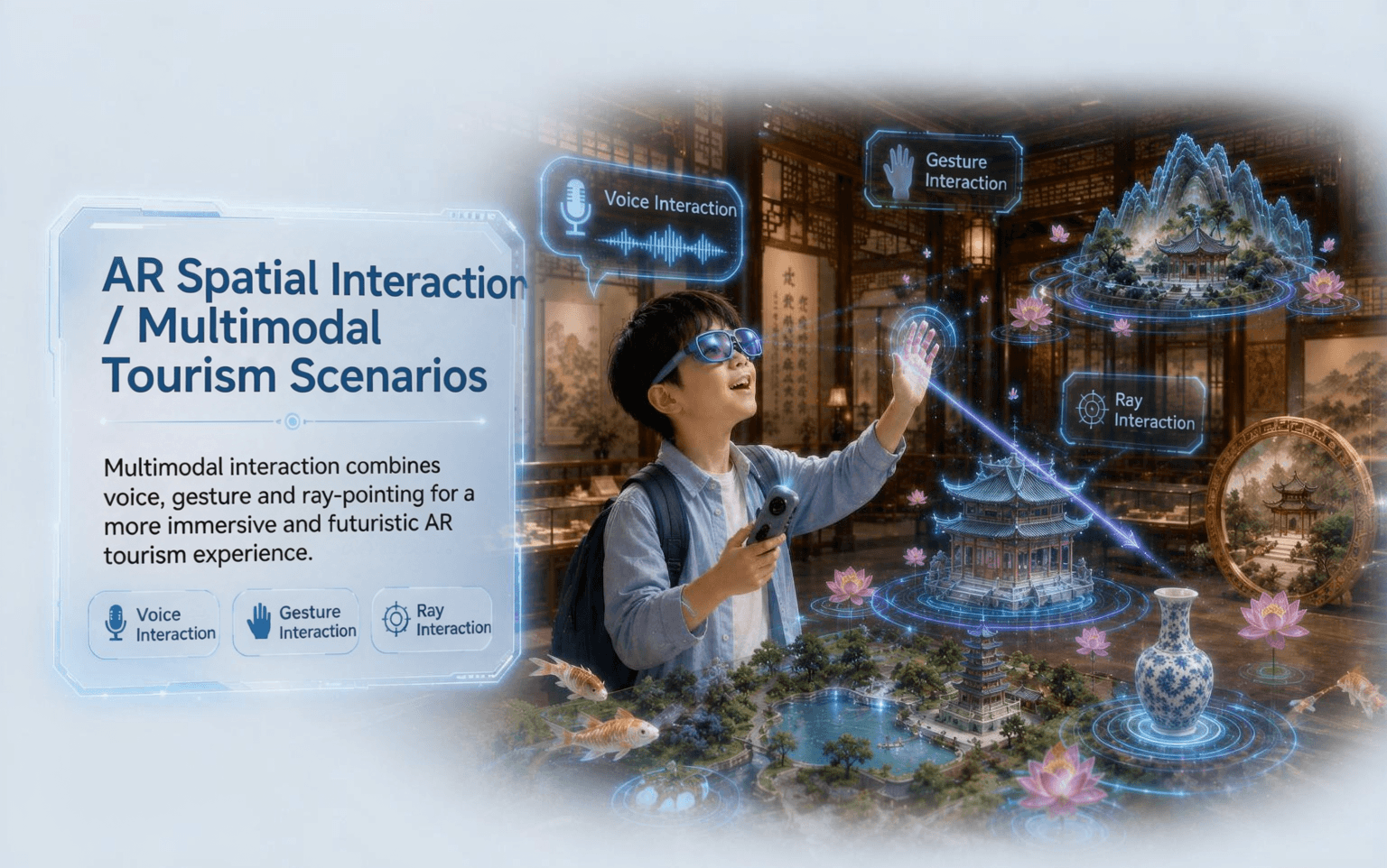A child wearing AR glasses interacting with virtual artefacts and architecture