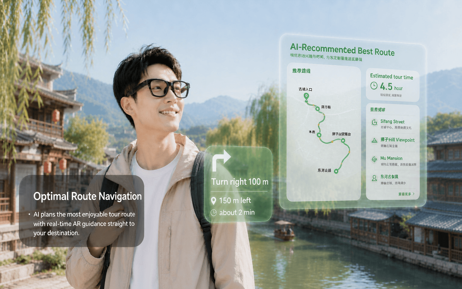 Optimal route navigation: AI recommends a tour route with AR navigation over real street views