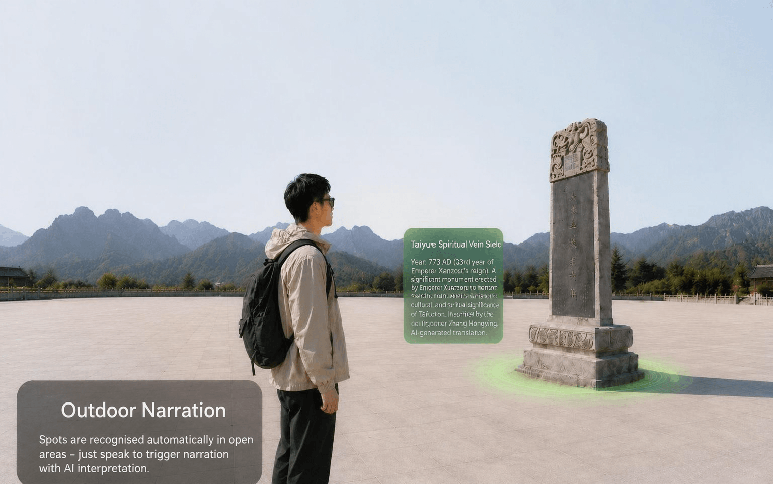 Outdoor narration: a visitor wearing AI glasses looks at a stone tablet with an AR narration card overlaid