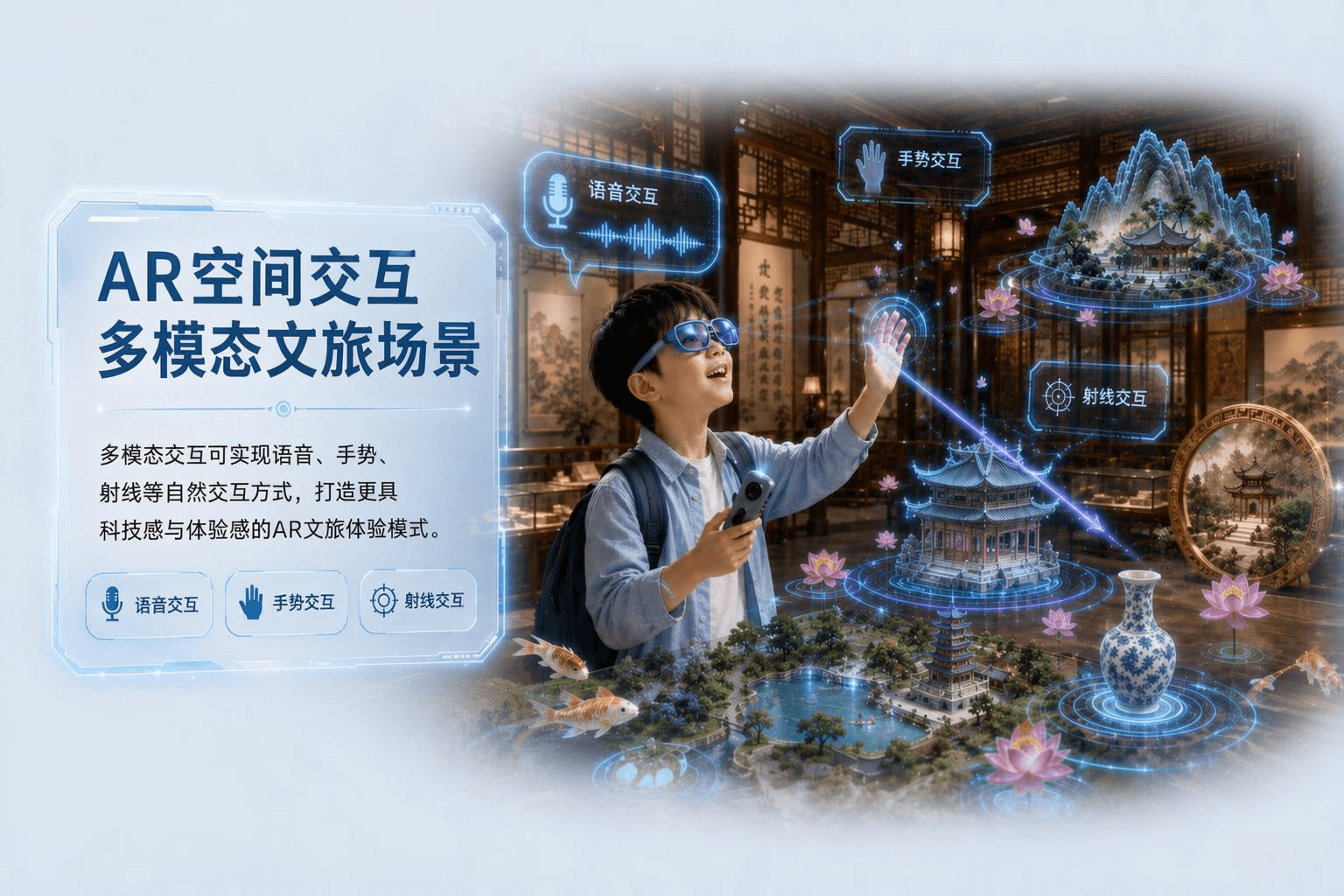 儿童佩戴 AR 眼镜与虚拟文物和建筑交互