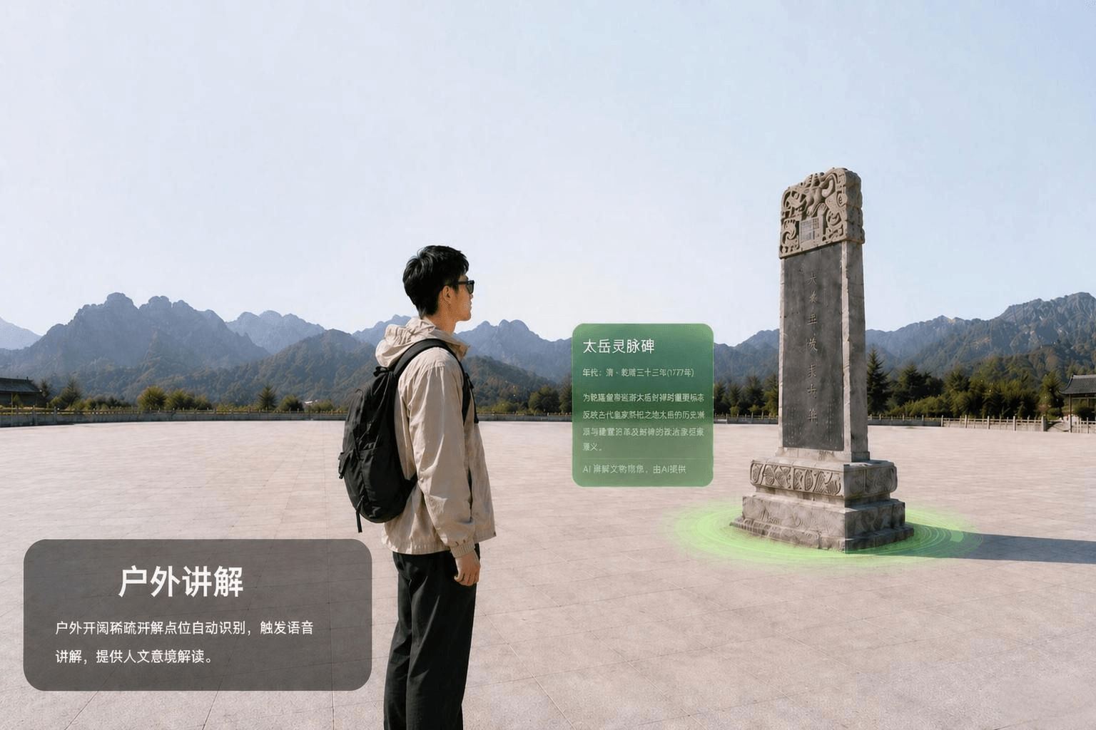 户外讲解:游客佩戴 AI 眼镜观看石碑,眼前叠加 AR 讲解卡片