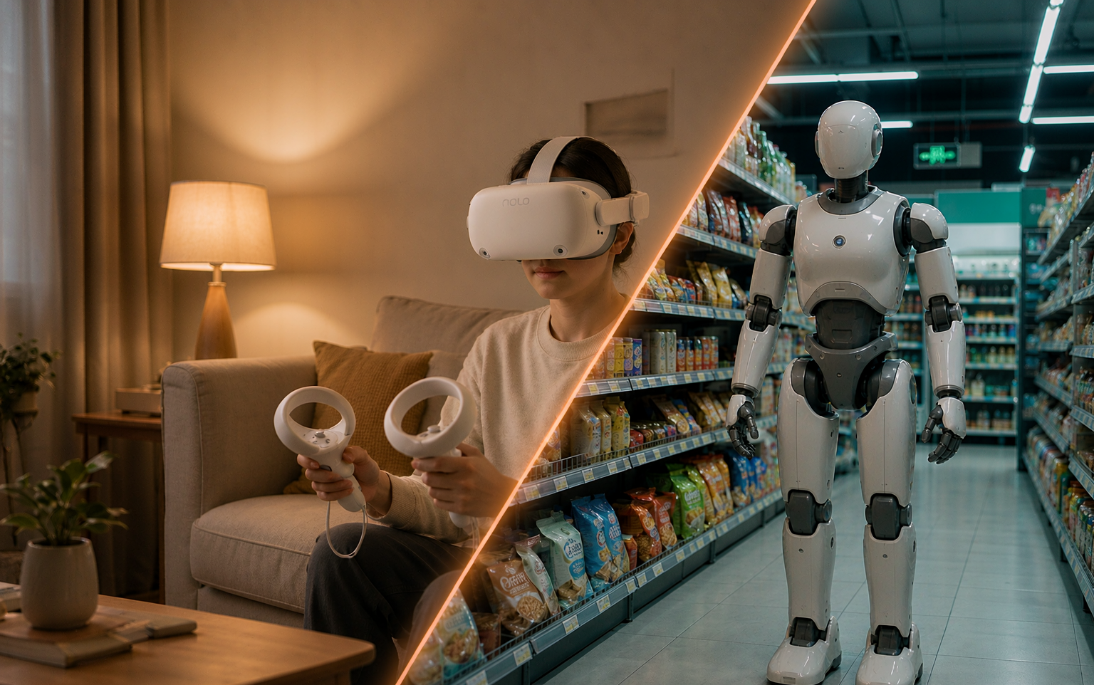 操作员佩戴 NOLO VR 头显与交互手柄远程遥操作机器人