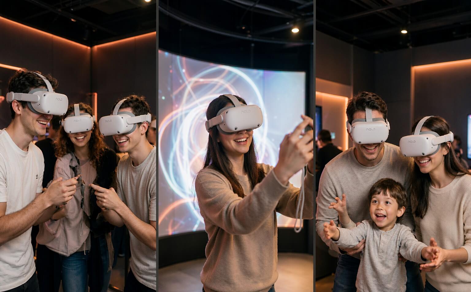 From left: young players experiencing VR together, a visitor capturing photos, a family playing together