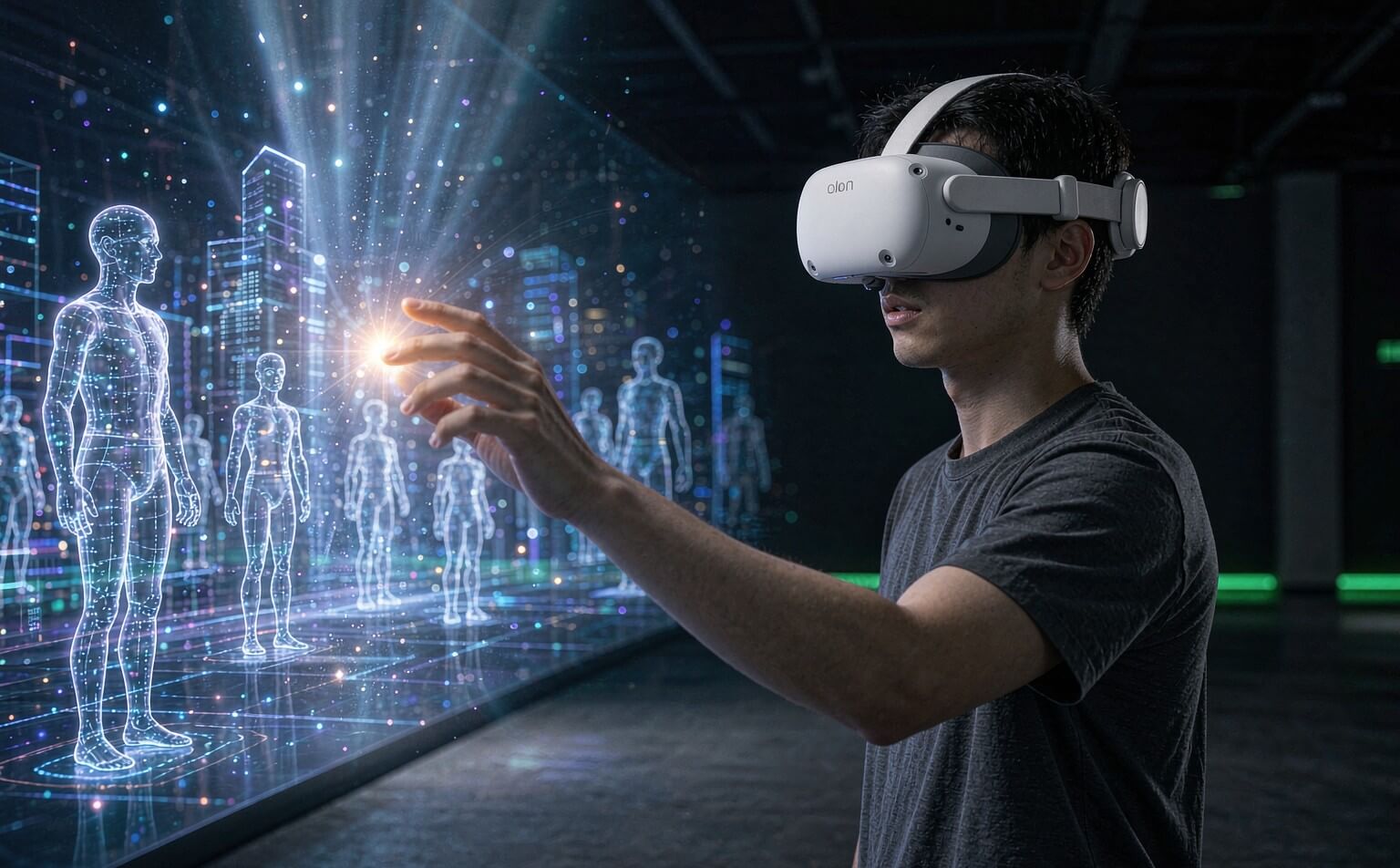 A visitor wearing the SONIC2 headset stands in the large space, reaching with a bare hand toward the virtual world emerging on the right