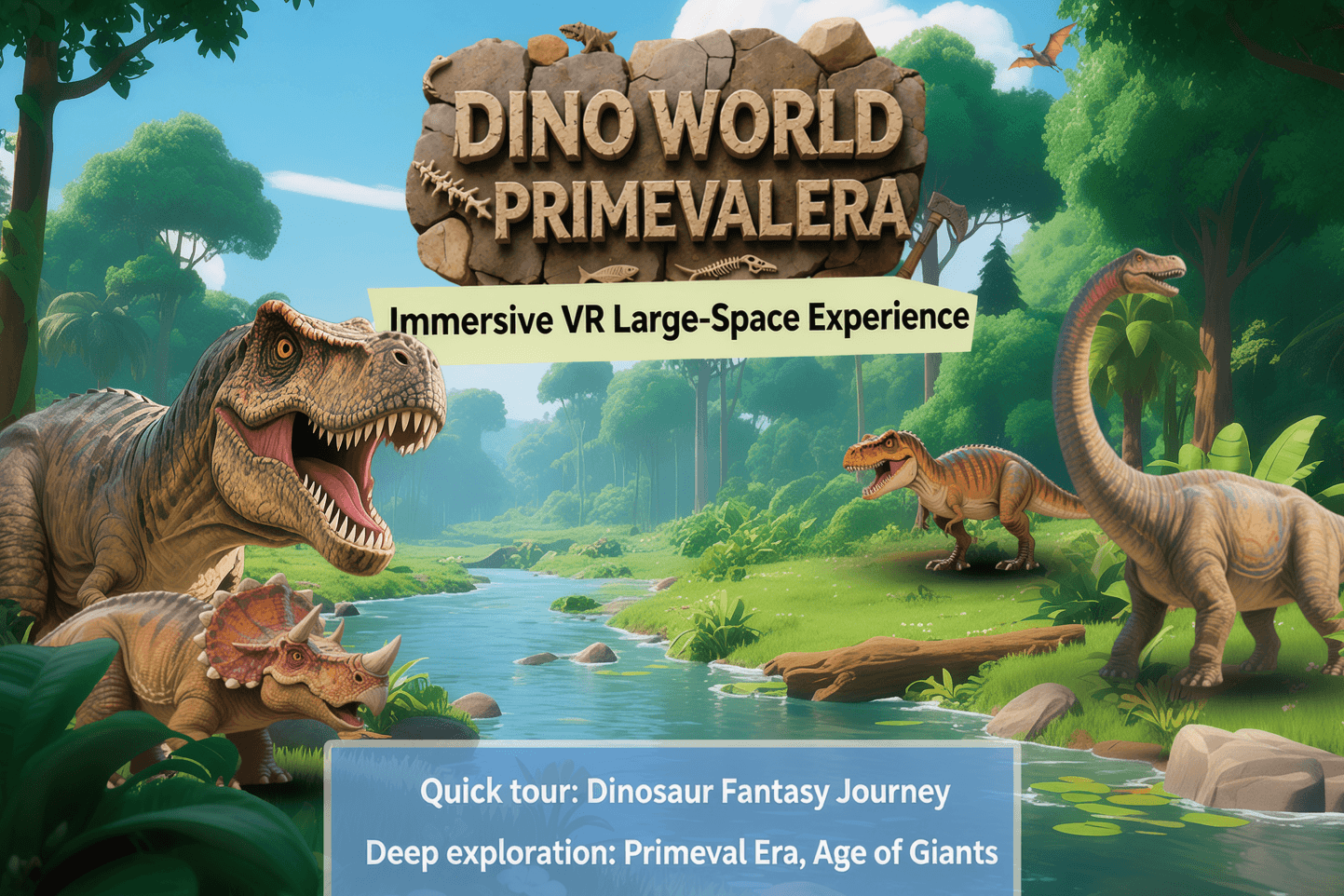 Dino World: Primeval Era poster: dinosaurs in a jungle river landscape