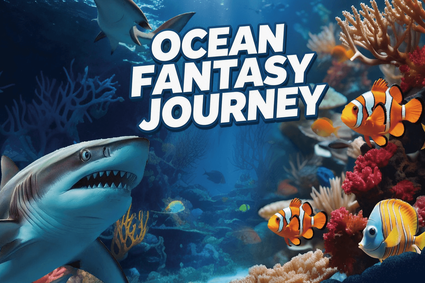 Ocean Fantasy Journey poster: a shark cruising a vibrant coral reef