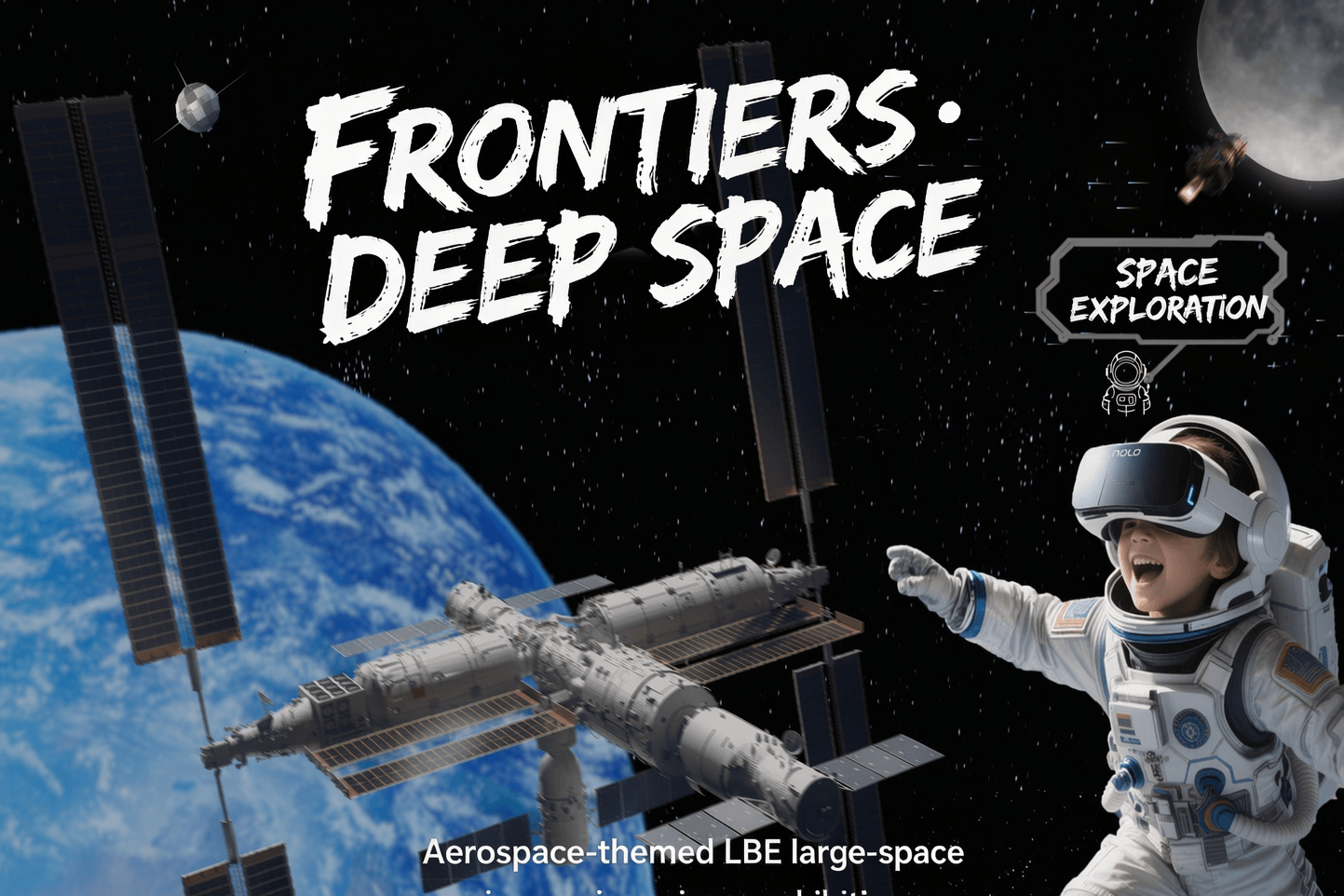 Frontiers: Deep Space poster: a space station and a child astronaut wearing a VR headset