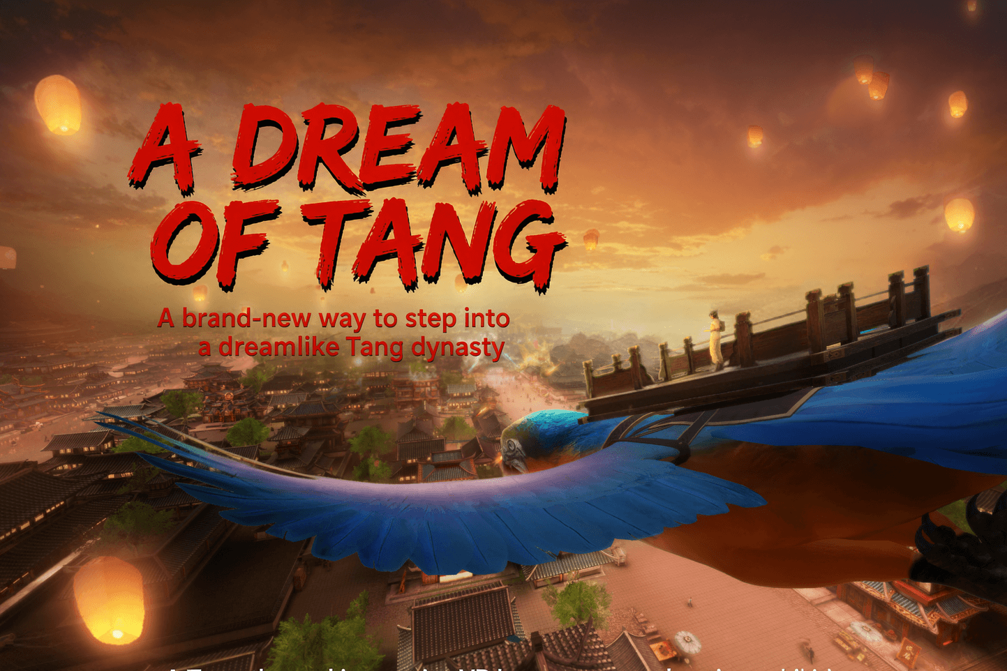 A Dream of Tang poster: a parrot flying over a Tang dynasty city at dusk