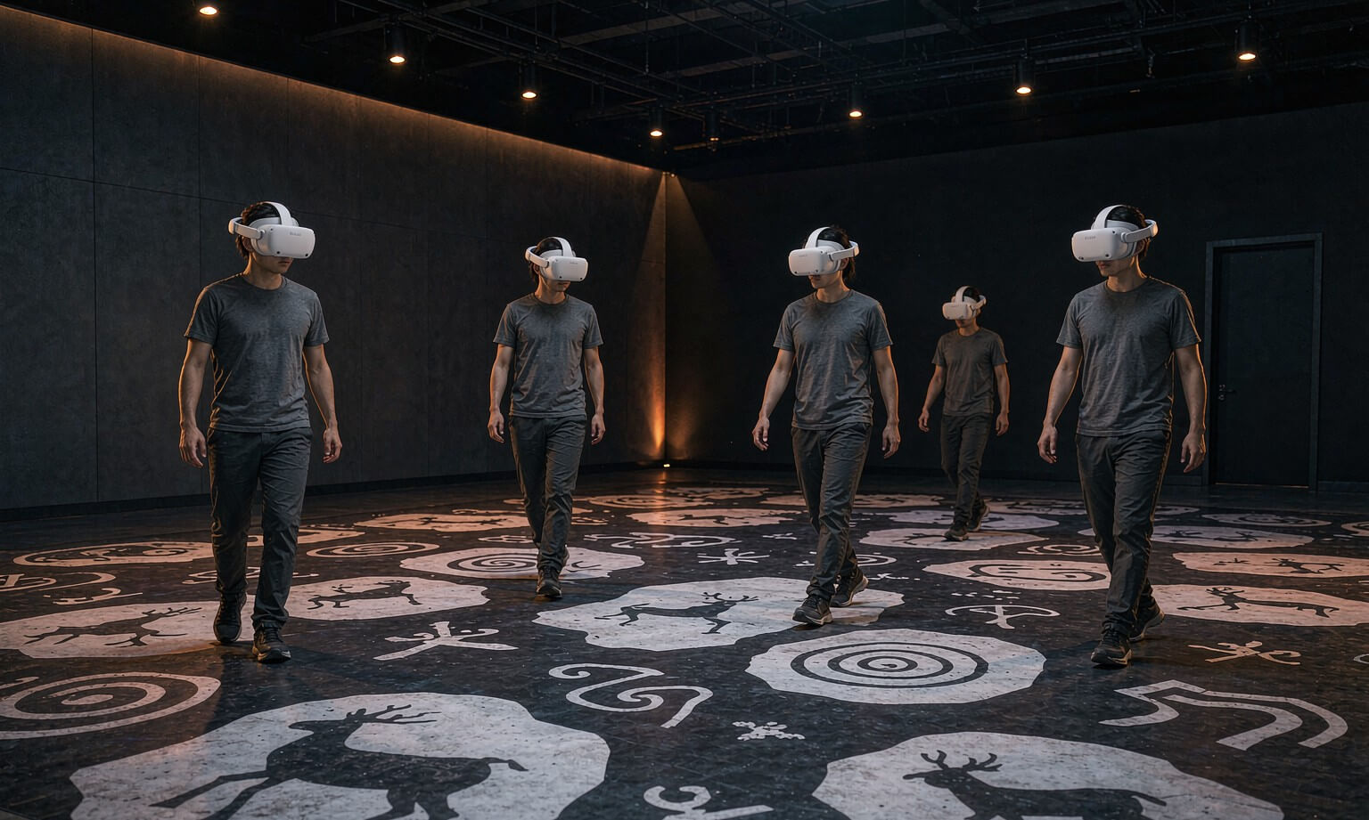 Tracking venue with irregular pictograph positioning patterns on the floor, visitors wearing SONIC2 headsets roaming freely