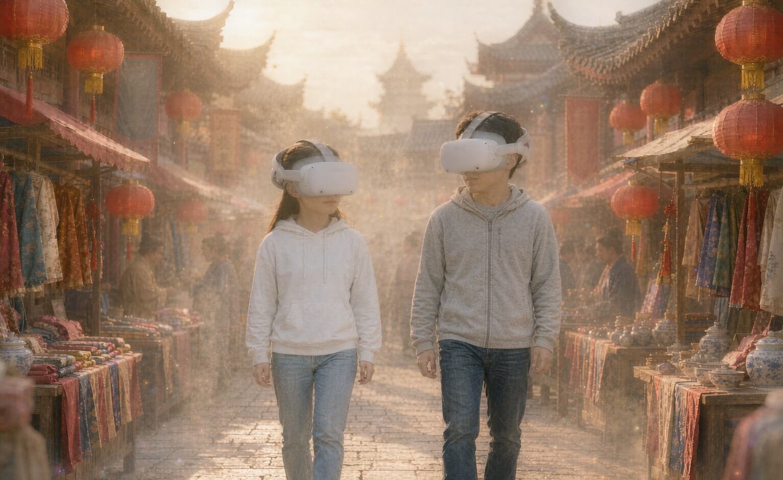 Visitors wearing SONIC2 headsets walking bare-handed as holographic ancient architecture and story characters materialise around them